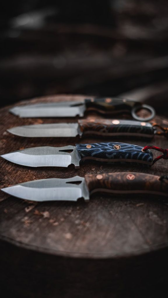 A close-up view of a collection of knives placed on a tree stump outdoors in a forest setting.