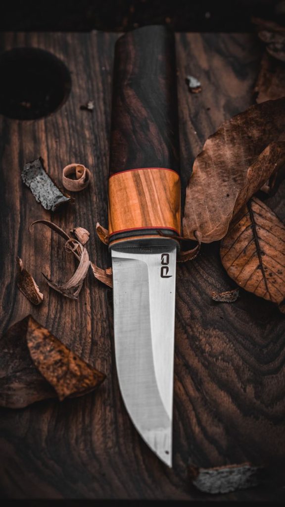 Close-up of a sharp knife on a rustic wooden surface surrounded by dry leaves.